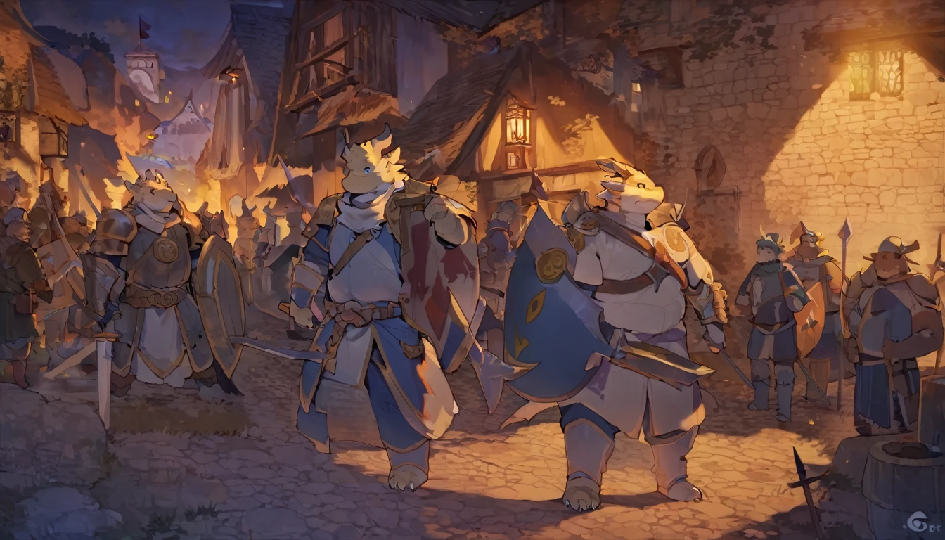 Dragon, male, furry anime,fat, chubby,main character,perfect body, detailed face,paladin,wearing Medieval adventure equipment ,A heavy greatsword on the back, Holding a large shield , medieval times, village,anthro,doujin,yaoi,fantasy world ,isekai, adventure,boukensha, masterpiece, Sinematic lighting,accurate, extremely detailed,artstation artwork,by quanjiang ,by @fansl_art 