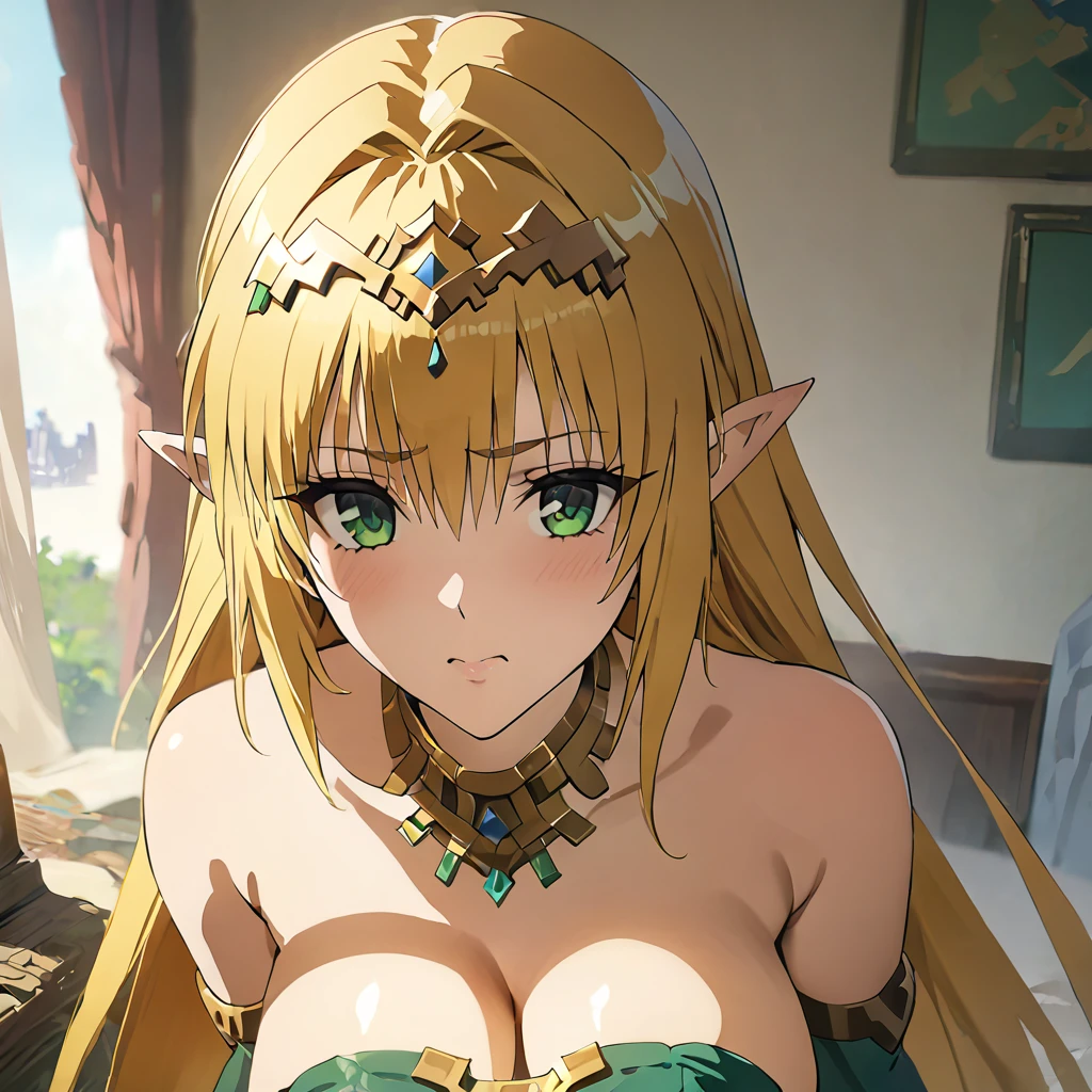 ((Highest quality)), ((masterpiece)), (detailed), （Perfect Face）、The woman is Tearju, with green eyes, medium-long blonde hair, and is wearing the costume of Princess Zelda of Hyrule.