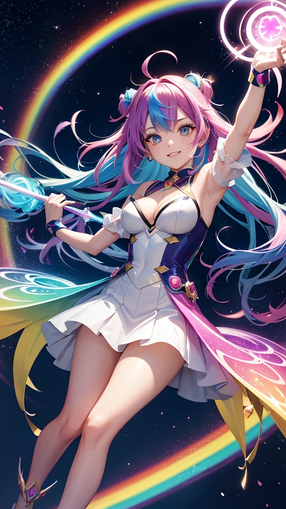 A vibrant anime-style magical girl with rainbow-colored hair, wearing a futuristic costume with glowing accents, wielding a star-shaped wand, surrounded by floating holographic symbols and sparkles