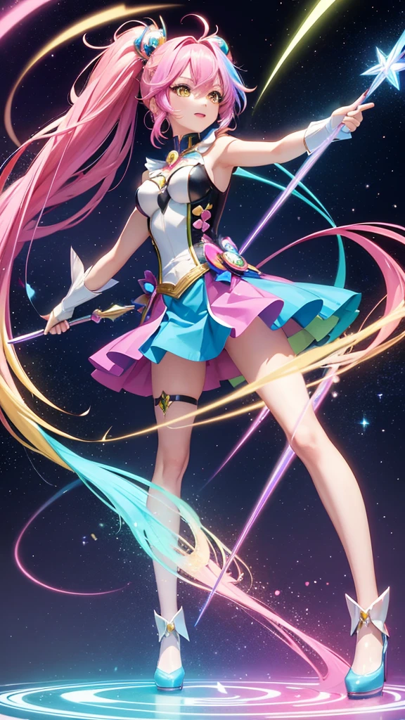 A vibrant anime-style magical girl with rainbow-colored hair, wearing a futuristic costume with glowing accents, wielding a star-shaped wand, surrounded by floating holographic symbols and sparkles