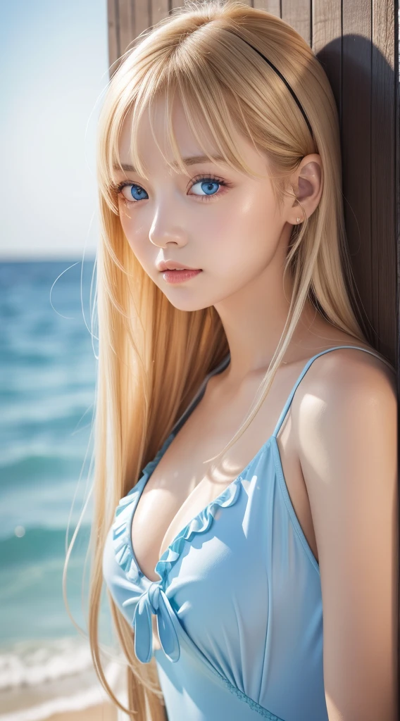 Adorable, 14years , Ruffled plummeting one-piece swimsuit, A very beautiful blonde girl from Scandinavia, Lush bust,Beach, Low contrast, (Smirking expression:0.8), Super Long Straight Silky Hair、hair scrunchie, long bangs between eyes、Best Quality, 超A high resolution, photographrealistic, ultra-detailliert, 8K, Raw photo, masuter piece、Very beautiful bright and shining light blue big eyes、very big eyes、gloss cheek highlights、Small face beauty、Kamimei