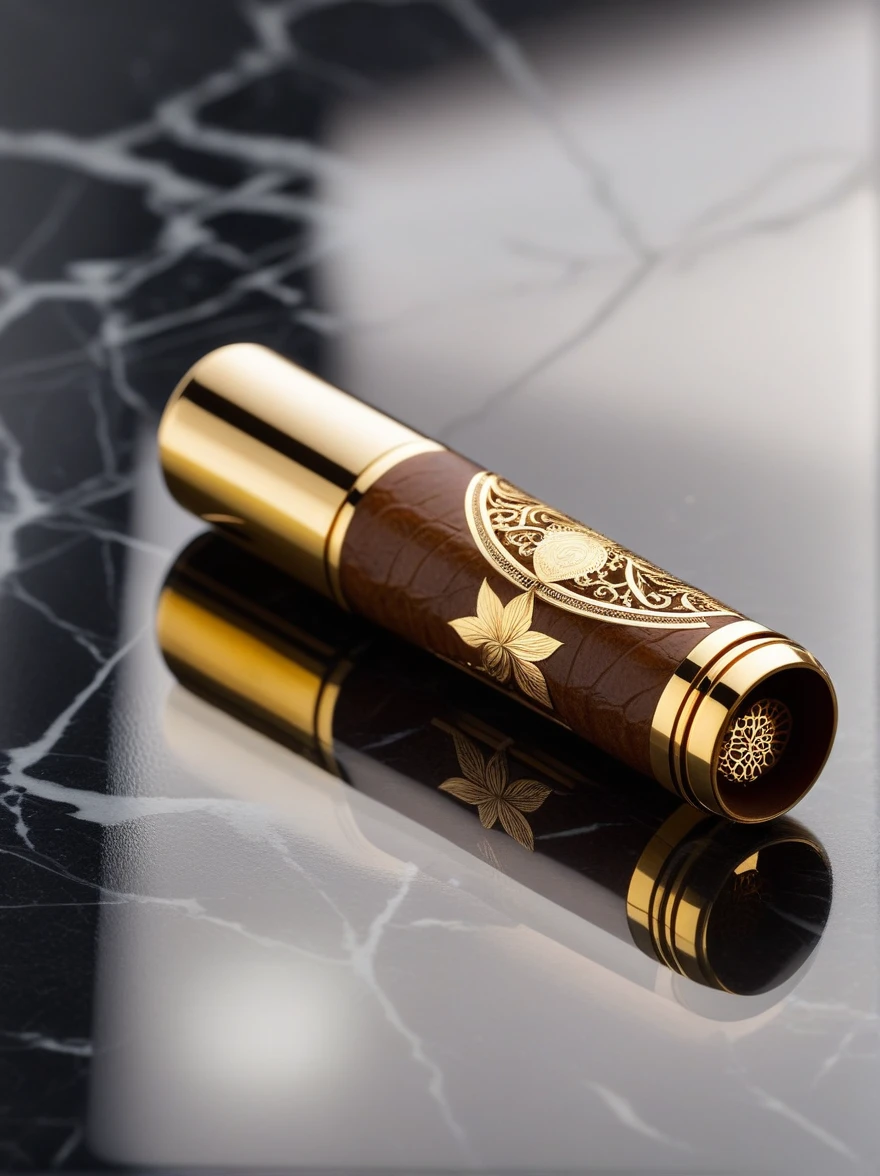 A captivating, high-resolution photograph of a luxurious Cuban cigar, artfully positioned next to a gold-plated lighter adorned with intricate engravings. The scene is set on a polished marble surface, exuding an aura of prestige and sophistication. The cigar's smooth, rich brown hue contrasts with the lighter's gleaming gold, while the engravings on the lighter add an element of classic elegance. The image is presented in a cinematic style, with precision detail and a realistic portrayal that embodies the essence of luxury and refinement., fashion, photo, product, cinematic