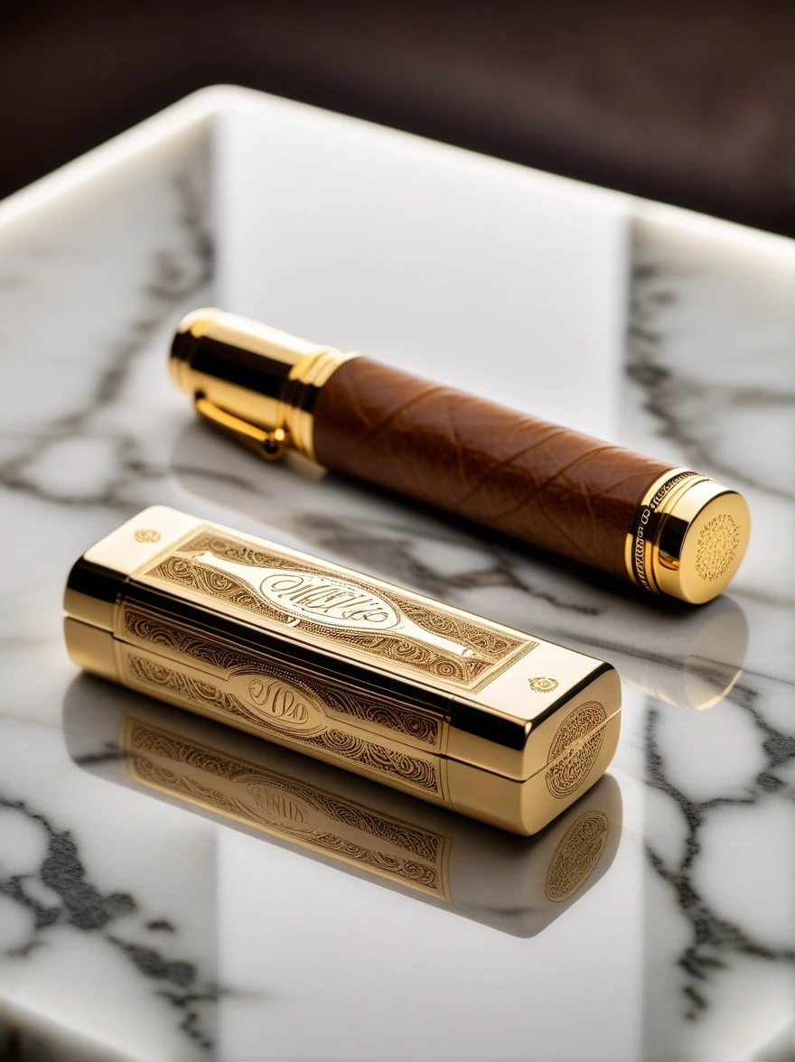 A captivating, high-resolution photograph of a luxurious Cuban cigar, artfully positioned next to a gold-plated lighter adorned with intricate engravings. The scene is set on a polished marble surface, exuding an aura of prestige and sophistication. The cigar's smooth, rich brown hue contrasts with the lighter's gleaming gold, while the engravings on the lighter add an element of classic elegance. The image is presented in a cinematic style, with precision detail and a realistic portrayal that embodies the essence of luxury and refinement., fashion, photo, product, cinematic