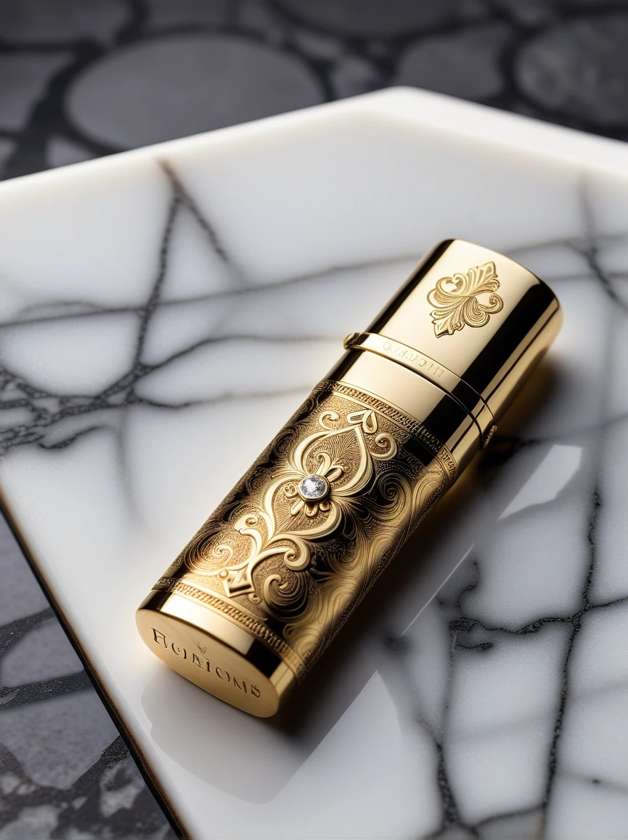 A captivating, high-resolution photograph of a luxurious Cuban cigar, artfully positioned next to a gold-plated lighter adorned with intricate engravings. The scene is set on a polished marble surface, exuding an aura of prestige and sophistication. The cigar's smooth, rich brown hue contrasts with the lighter's gleaming gold, while the engravings on the lighter add an element of classic elegance. The image is presented in a cinematic style, with precision detail and a realistic portrayal that embodies the essence of luxury and refinement., fashion, photo, product, cinematic