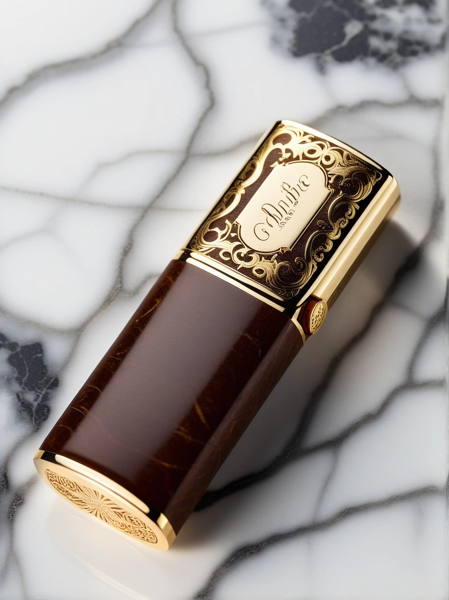 A captivating, high-resolution photograph of a luxurious Cuban cigar, artfully positioned next to a gold-plated lighter adorned with intricate engravings. The scene is set on a polished marble surface, exuding an aura of prestige and sophistication. The cigar's smooth, rich brown hue contrasts with the lighter's gleaming gold, while the engravings on the lighter add an element of classic elegance. The image is presented in a cinematic style, with precision detail and a realistic portrayal that embodies the essence of luxury and refinement., fashion, photo, product, cinematic