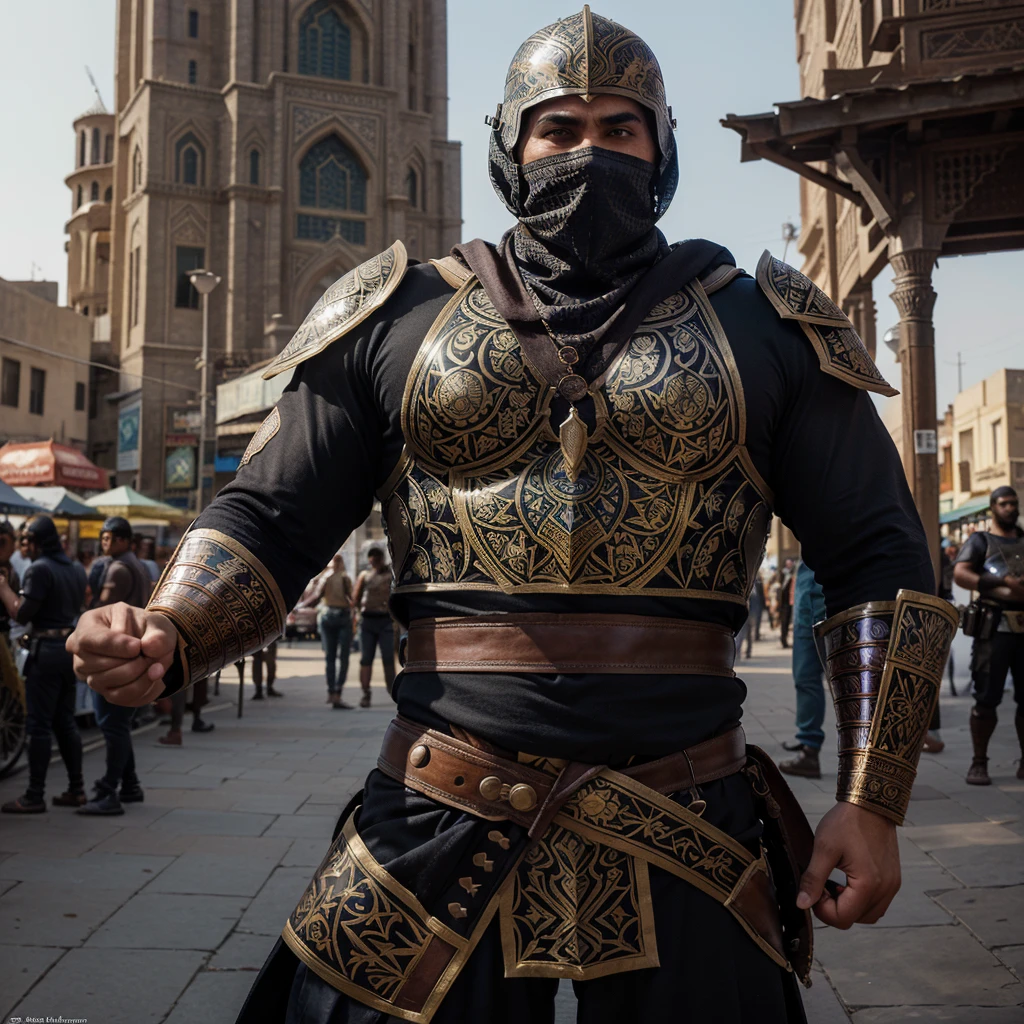 "Create a high-resolution, dynamic illustration of a muscular heroic comic character with a strong Islamic aesthetic, fully covered in traditional warrior attire and armor. The character has an imposing, athletic build and is clad in a combination of ornate, full-body armor and flowing garments that cover him completely, including a helmet with a face covering that leaves only his intense eyes visible. His armor features intricate Islamic geometric patterns and calligraphy, blending traditional design with a modern comic book style. The character wields a majestic scimitar or a double-edged sword with elaborate engravings, held aloft as if ready for battle. The background depicts a vibrant Middle Eastern cityscape with grand mosques, towering minarets, and bustling market streets under a vivid sunset. The scene should be action-packed, emphasizing the character’s heroism, strength, and cultural heritage, appealing to fans of comic books, fantasy art, and cultural illustrations."