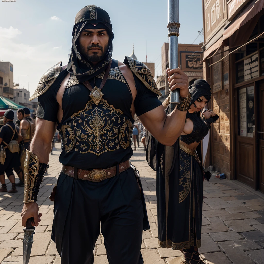 "Create a high-resolution, dynamic illustration of a muscular heroic comic character with a strong Islamic aesthetic, fully covered in traditional warrior attire and armor. The character has an imposing, athletic build and is clad in a combination of ornate, full-body armor and flowing garments that cover him completely, including a helmet with a face covering that leaves only his intense eyes visible. His armor features intricate Islamic geometric patterns and calligraphy, blending traditional design with a modern comic book style. The character wields a majestic scimitar or a double-edged sword with elaborate engravings, held aloft as if ready for battle. The background depicts a vibrant Middle Eastern cityscape with grand mosques, towering minarets, and bustling market streets under a vivid sunset. The scene should be action-packed, emphasizing the character’s heroism, strength, and cultural heritage, appealing to fans of comic books, fantasy art, and cultural illustrations."