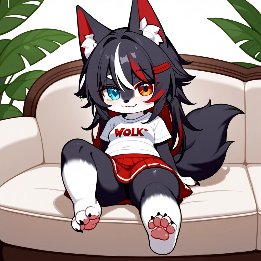 chibi, black wolf, female, (anthro_furry), furry, small breasts, thick thighs, small stature, wearing short red skirt and a white t-shirt, fluffy wolf tail with red tip, paws, 4 toes, claws, beautiful detailed eyes, black fur, wolf ears, heterochromia, sitting on sofa, white background, white color paw pads, focus on feet, extremely detailed, full body, black body