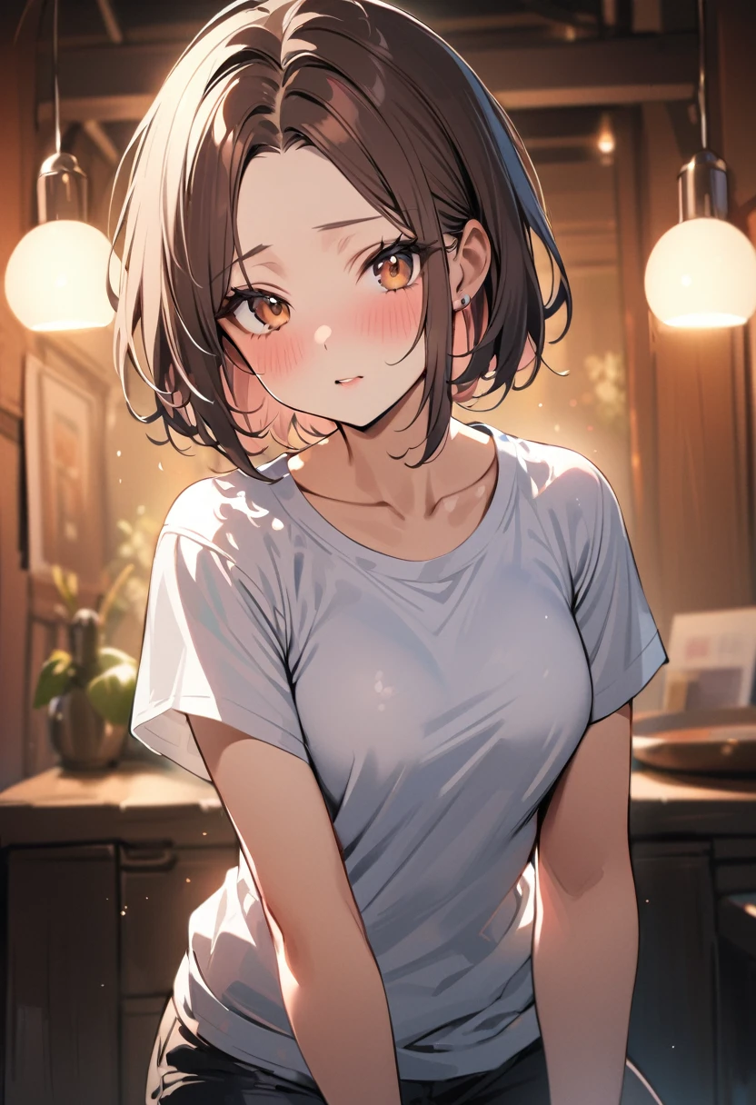 1 girl, bob, center part, forehead, brown hair, piercing, brown eyes, (blush:1.2)
BREAK (masterpiece), (high resolution 8K), cinematic lighting, professional lighting, detailed eyes and face, detailed body,
BREAK t-shirt, shorts, half undress