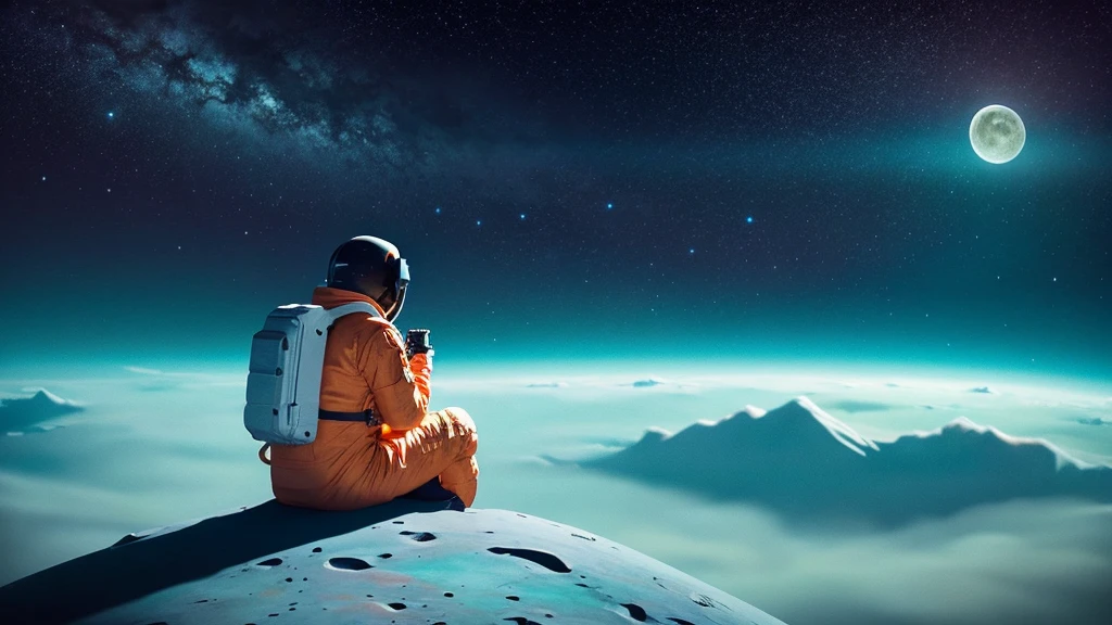 A captivating, whimsical digital illustration featuring a cartoonish astronaut sitting on a tiny, cratered moon. The astronaut, clad in a vibrant orange spacesuit, is lost in thought, gazing out into the vast emptiness of space. The soft pastel hues of the illustration create a serene and dreamy atmosphere, with the muted celestial backdrop providing a perfect contrast to the astronaut's bright attire. The subtle texture and gentle shading add depth to the minimalist composition, while the moon's eerie silence and the vast expanse of space evoke a sense of wonder and contemplation. The astronaut appears to be pondering the mysteries of the cosmos, creating an enchanting and thought-provoking scene.