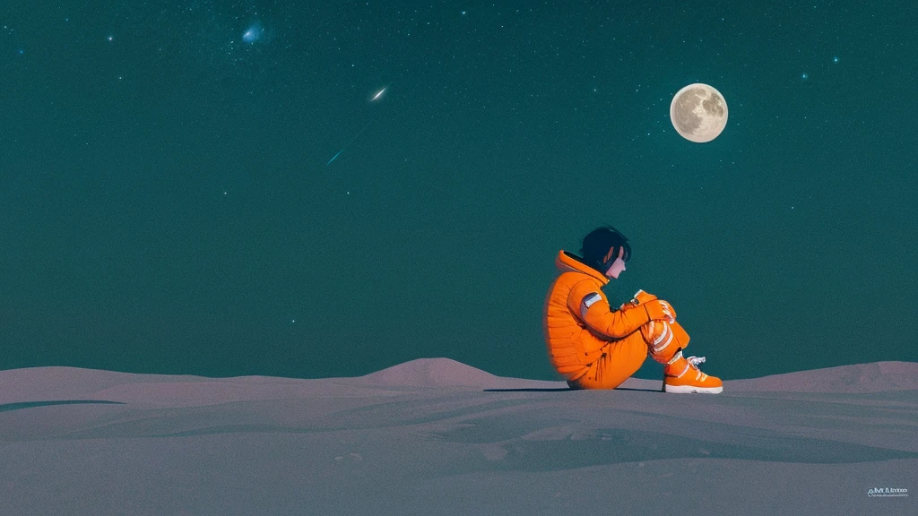 A captivating, whimsical digital illustration featuring a cartoonish astronaut sitting on a tiny, cratered moon. The astronaut, clad in a vibrant orange spacesuit, is lost in thought, gazing out into the vast emptiness of space. The soft pastel hues of the illustration create a serene and dreamy atmosphere, with the muted celestial backdrop providing a perfect contrast to the astronaut's bright attire. The subtle texture and gentle shading add depth to the minimalist composition, while the moon's eerie silence and the vast expanse of space evoke a sense of wonder and contemplation. The astronaut appears to be pondering the mysteries of the cosmos, creating an enchanting and thought-provoking scene.