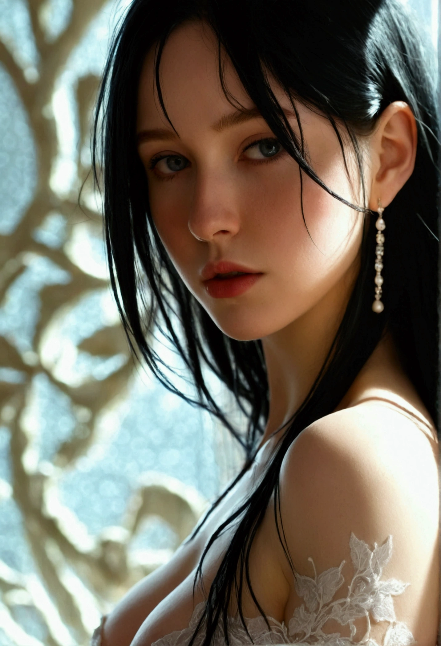 The girl with pale white skin, big breasts, big hips and a magnificent physique has long black hair that only covers her face and she is naked.