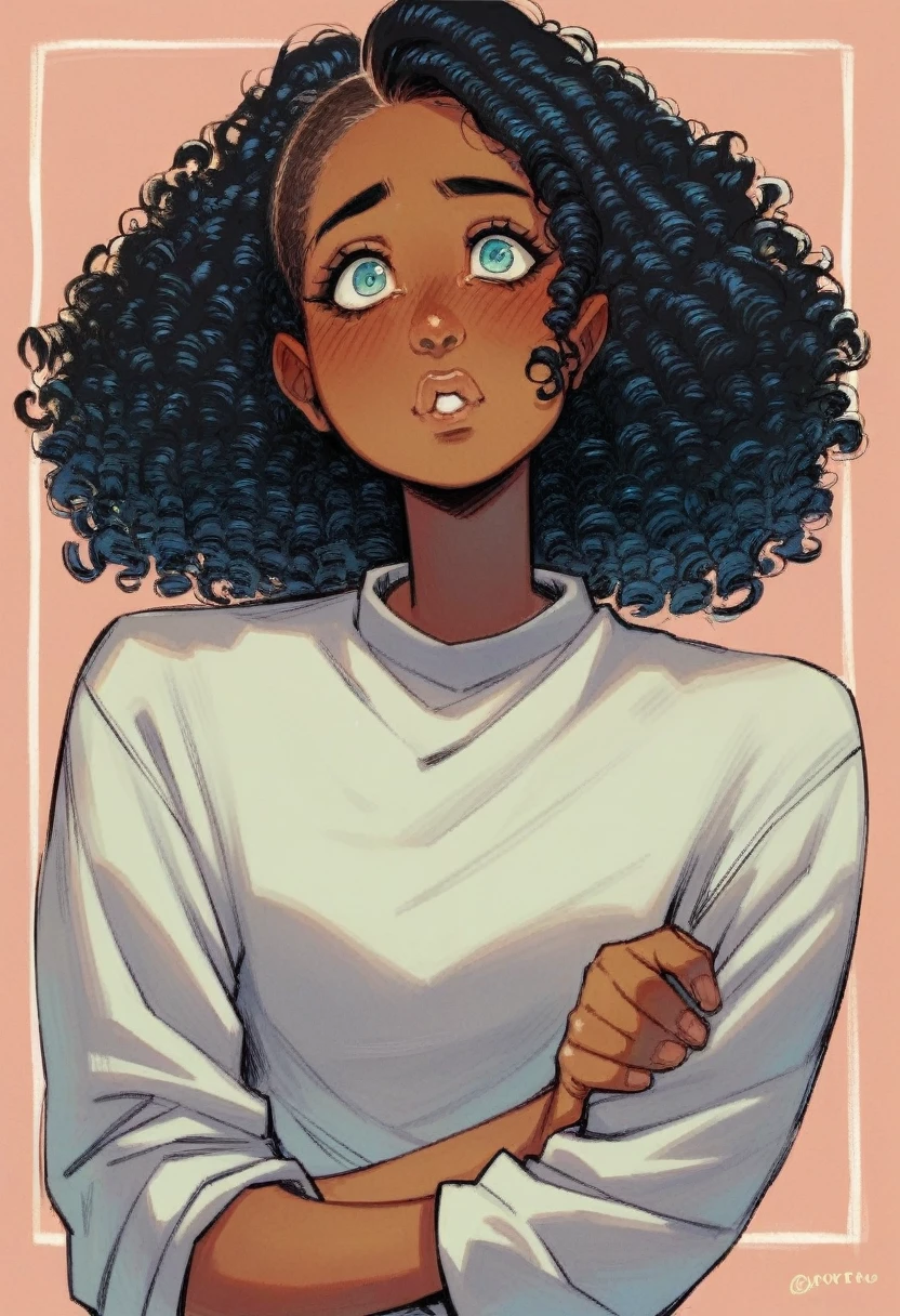 One girl, curly hair, blushed, black hair, turquoise_eyes, dark skin, sweating, flirty face, wet_dress, white_dress, transparent_dress, nipple, pussy, NSFW