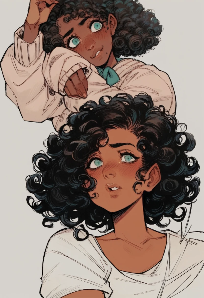 One girl, curly hair, blushed, black hair, turquoise_eyes, dark skin, retrato