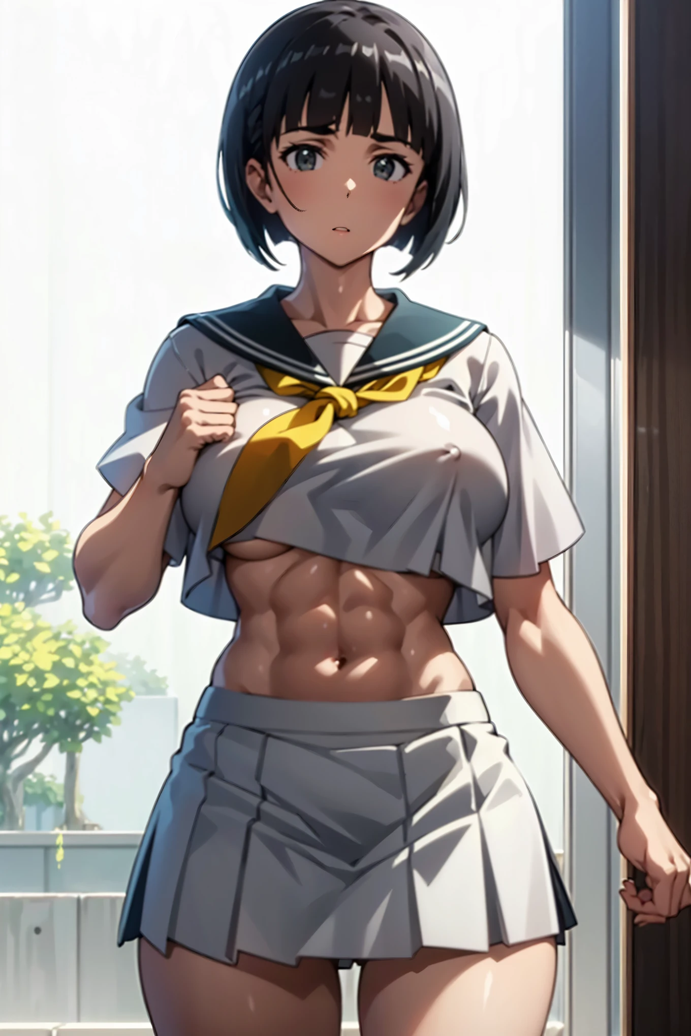 1 female,Suguha Kirigaya,white sailor suit,short sleeved,covered nipples,croptop,gray low-rise micro pleated skirt,breasts,leanbody:1.5,