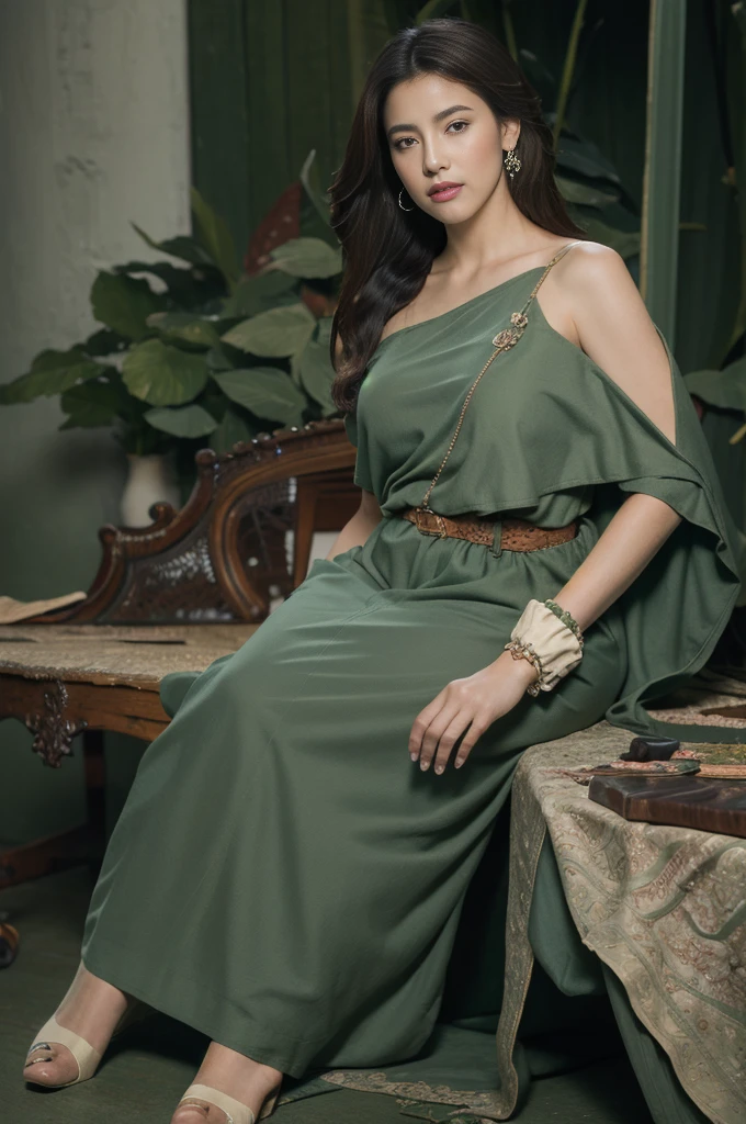 (realistic:1.4),(Masterpiece:1.2), (best quality:1.2),look at viewer,Dramatic angle,amazing gesture,(Cowboy Shot:1.1),
1 girl,(comfortable green:1.4),(decorations),Show right shoulder, big breasts
,