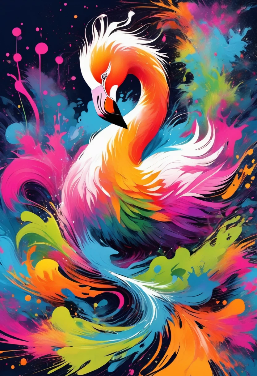 vectorial art, Colorful illustration with flamingo, At the center, swirly vibrant colors，graffiti art，ink spatter，Wild and unbridled，paint splash painting，rich and colorful，visual impact,modern aesthetic,Elegant and simple