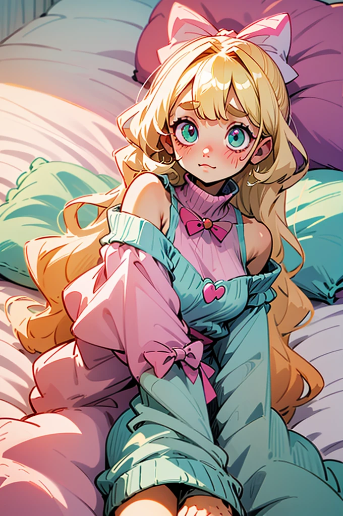 cute, happy, very long blonde hair, bangs, white bow in the back of hair, turquise eyes, big eyes, pink oversized off shoulder sweater, kawaii, comfy, white and pastel pink bedroom, lay down on bed, gamer, adorable, cuteness, shy, blush, closeup, twitter header, cozy, comfy, sleepy, long sleeves, no pants, only a big sweater that covers everything