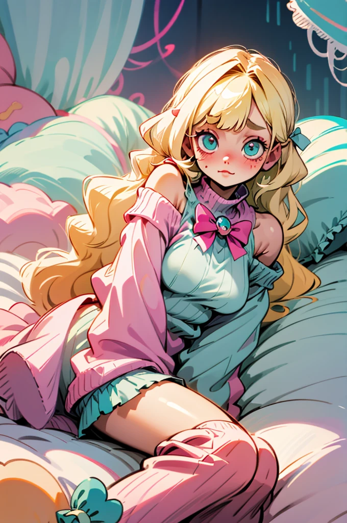 cute, happy, very long blonde hair, bangs, white bow in the back of hair, turquise eyes, big eyes, pink oversized off shoulder sweater, kawaii, comfy, white and pastel pink bedroom, lay down on bed, gamer, adorable, cuteness, shy, blush, closeup, twitter header, cozy, comfy, sleepy, long sleeves, no pants, only a big sweater that covers everything