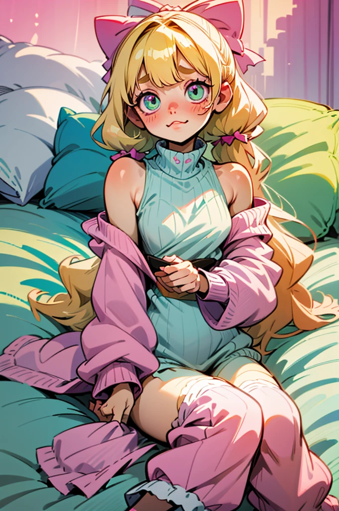 cute, happy, very long blonde hair, bangs, white bow in the back of hair, turquise eyes, big eyes, pink oversized off shoulder sweater, kawaii, comfy, white and pastel pink bedroom, lay down on bed, gamer, adorable, cuteness, shy, blush, closeup, twitter header, cozy, comfy, sleepy, long sleeves, no pants, only a big sweater that covers everything