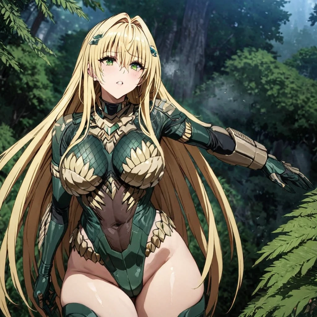 ((Highest quality)), ((masterpiece)), (detailed), （Perfect Face）、The woman is Tiare, a female predator with green eyes and medium-long blonde hair, wearing a predator bodysuit and carrying a weapon.、Dense forest