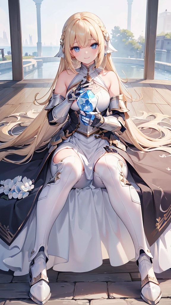 ({{masterpiece、Highest quality、Super detailed}})) 1 female、Blonde、Semi-long bob、armor、hair band、breastplate、肩armor、bangs、(armorブーツ、armorブーツ、White trousers、Hair above one eye、blue eyes、gloveaster-piece,hyper quality, hyper detailed,perfect drawing,solo,(8K、Highest quality、masterpiece:1.2)、(Strong eyes) 、 Hair Detail, Delicate facial depiction,Wide-open eyes、Beautiful Eyes、double eyelid、Double eyelids、Beautiful nose、Headset on one ear、laughing、smile、(Full Body Shot:1.5)、Highest quality、high detail、The whole body is shown