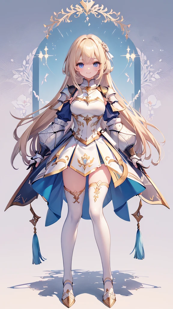({{masterpiece、Highest quality、Super detailed}})) 1 female、Blonde、Semi-long bob、armor、hair band、breastplate、肩armor、bangs、(armorブーツ、armorブーツ、White trousers、Hair above one eye、blue eyes、gloveaster-piece,hyper quality, hyper detailed,perfect drawing,solo,(8K、Highest quality、masterpiece:1.2)、(Strong eyes) 、 Hair Detail, Delicate facial depiction,Wide-open eyes、Beautiful Eyes、double eyelid、Double eyelids、Beautiful nose、Headset on one ear、laughing、smile、(Full Body Shot:1.5)、Highest quality、high detail、The whole body is shown