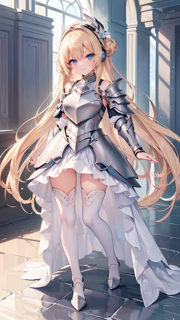 ({{masterpiece、Highest quality、Super detailed}})) 1 female、Blonde、Semi-long bob、armor、hair band、breastplate、肩armor、bangs、(armorブーツ、armorブーツ、White trousers、Hair above one eye、blue eyes、gloveaster-piece,hyper quality, hyper detailed,perfect drawing,solo,(8K、Highest quality、masterpiece:1.2)、(Strong eyes) 、 Hair Detail, Delicate facial depiction,Wide-open eyes、Beautiful Eyes、double eyelid、Double eyelids、Beautiful nose、Headset on one ear、laughing、smile、(Full Body Shot:1.5)、Highest quality、high detail、The whole body is shown