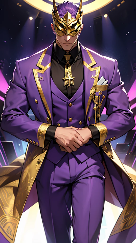 A tall, strong man who wears a purple suit with gold details and wears a star mask that covers his entire face 