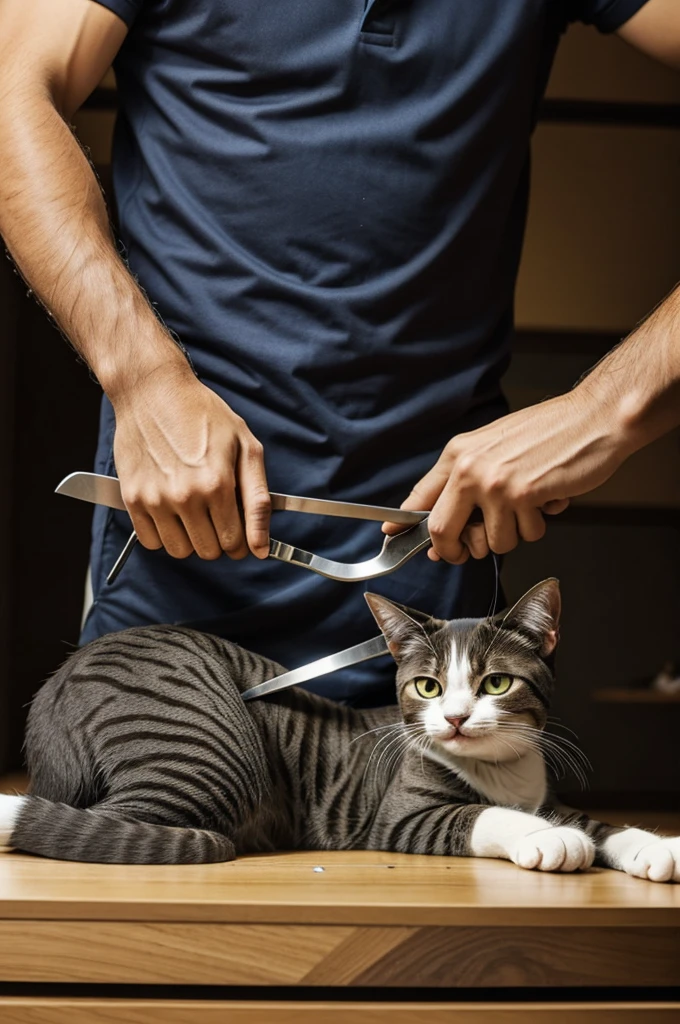 They are cutting a cat in half