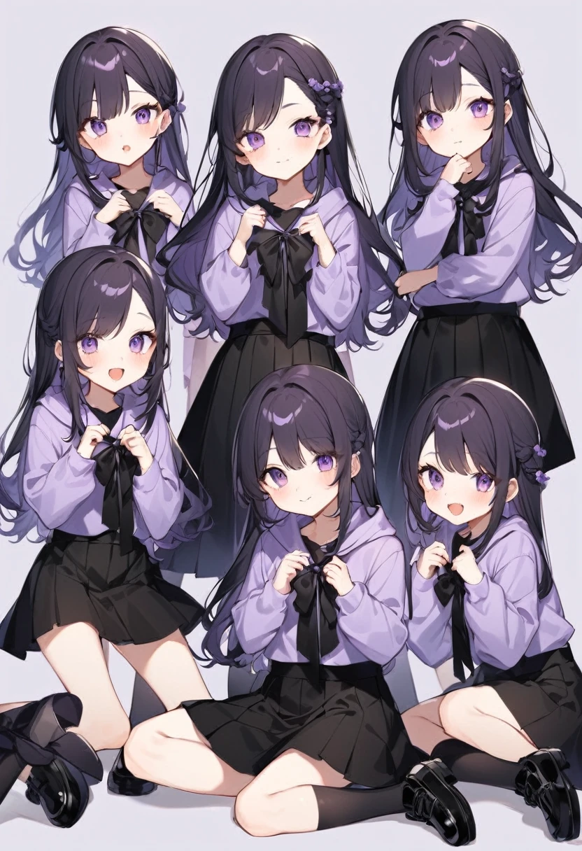 Keito。Purple hoodie。Black Skirt。Purple Eyes。Black Hair。Black shoes下。Black shoes。6 sistery eldest daughter has lavender hair.。all female。Sextuplets
