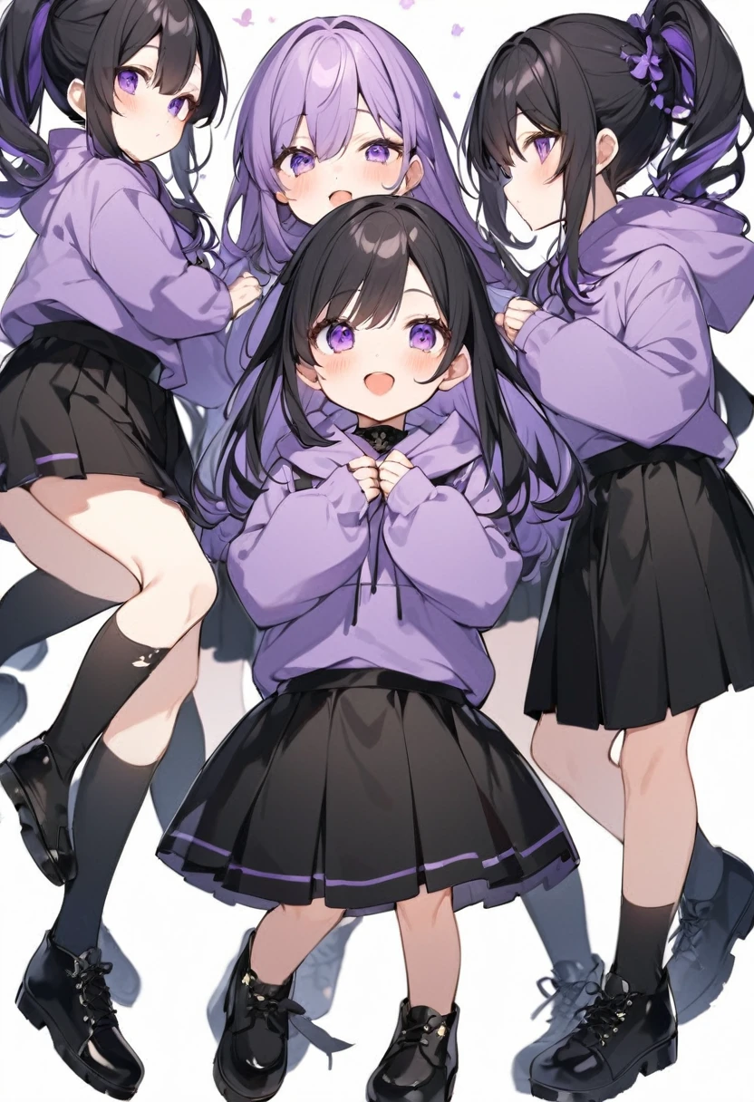 Keito。Purple hoodie。Black Skirt。Purple Eyes。Black Hair。Black shoes下。Black shoes。6 sistery eldest daughter has lavender hair.。all female。Sextuplets