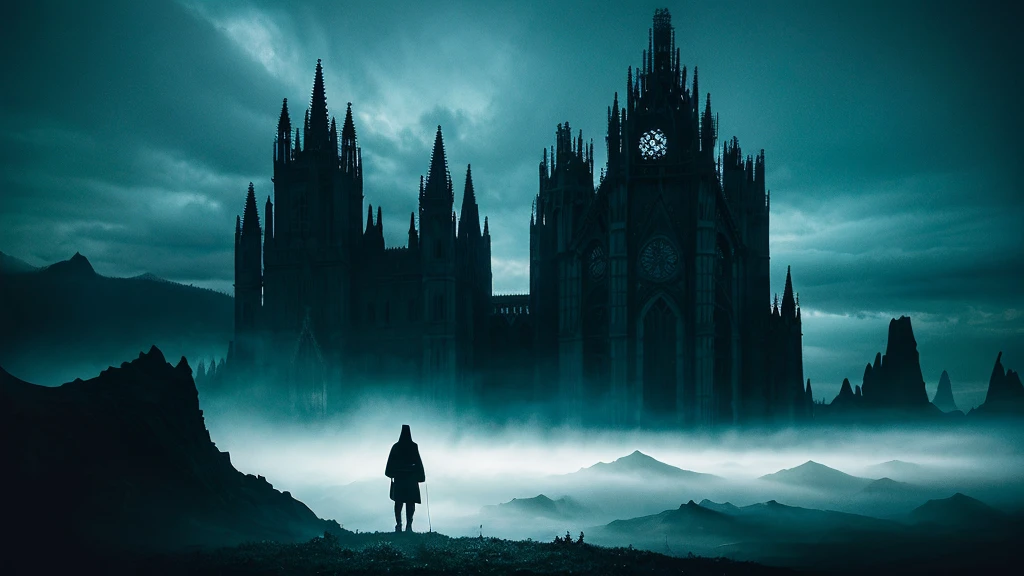 A striking dark fantasy scene featuring a mysterious, hooded figure standing amidst a vibrant, otherworldly landscape. The background showcases a mix of wildlife photography and conceptual art, with exotic plants. In the distance, an ominous, gothic architecture looms, casting a shadow over the scene. The overall atmosphere is both enchanting and foreboding, with a strong contrast between the darkness and the vivid colors, architecture, dark fantasy, wildlife photography
