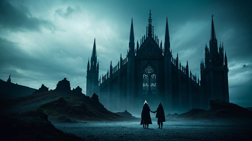 A striking dark fantasy scene featuring a mysterious, hooded figure standing amidst a vibrant, otherworldly landscape. The background showcases a mix of wildlife photography and conceptual art, with exotic plants. In the distance, an ominous, gothic architecture looms, casting a shadow over the scene. The overall atmosphere is both enchanting and foreboding, with a strong contrast between the darkness and the vivid colors, architecture, dark fantasy, wildlife photography