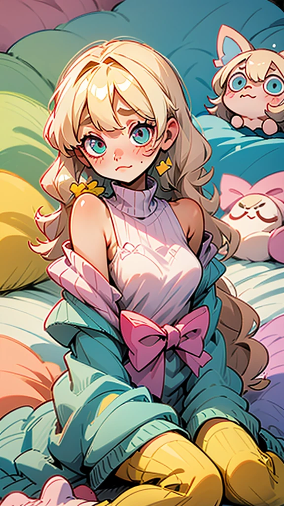 cute, happy, very long blonde hair, bangs, white bow in the back of hair, turquise eyes, big eyes, pink oversized off shoulder sweater, kawaii, comfy, white and pastel pink bedroom, lay down on bed, gamer, adorable, cuteness, shy, blush, closeup, twitter header, cozy, comfy, sleepy, long sleeves, no pants, only a big sweater that covers everything