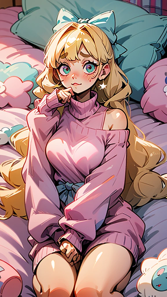 cute, happy, very long blonde hair, bangs, white bow in the back of hair, turquise eyes, big eyes, pink oversized off shoulder sweater, kawaii, comfy, white and pastel pink bedroom, lay down on bed, gamer, adorable, cuteness, shy, blush, closeup, twitter header, cozy, comfy, sleepy, long sleeves, no pants, only a big sweater that covers everything