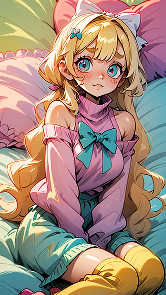 cute, happy, very long blonde hair, bangs, white bow in the back of hair, turquise eyes, big eyes, pink oversized off shoulder sweater, kawaii, comfy, white and pastel pink bedroom, lay down on bed, gamer, adorable, cuteness, shy, blush, closeup, twitter header, cozy, comfy, sleepy, long sleeves, no pants, only a big sweater that covers everything