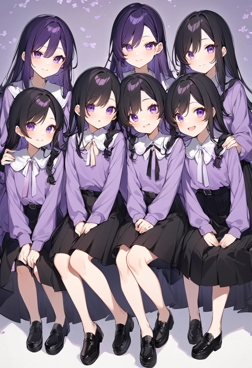 Keito。Purple hoodie。Black Skirt。Purple Eyes。Black Hair。Black shoes下。Black shoes。6 sistery eldest daughter has lavender hair.。all female。Sextuplets