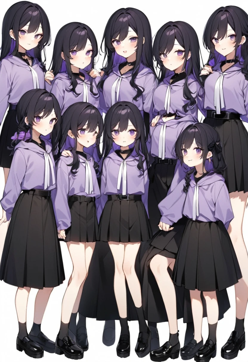 Keito。Purple hoodie。Black Skirt。Purple Eyes。Black Hair。Black shoes下。Black shoes。6 sistery eldest daughter has lavender hair.。all female。Sextuplets