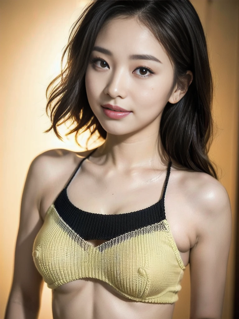 ((Highest quality、masterpiece:1.2、8k、Live Shooting、Portrait、Reality Photos、Beautiful bright dimming))、(((Beautiful and seductive adult woman、1 Girl、22 years old)))、Smooth and perfect body、(((NSFW、Black knitted micro bikini、underboobs))、A gentle smile、Beautiful and clear eyes、Whole body image、During evening drink、Beautiful buttocks、(The background is the kitchen counter:1.2)、turn around