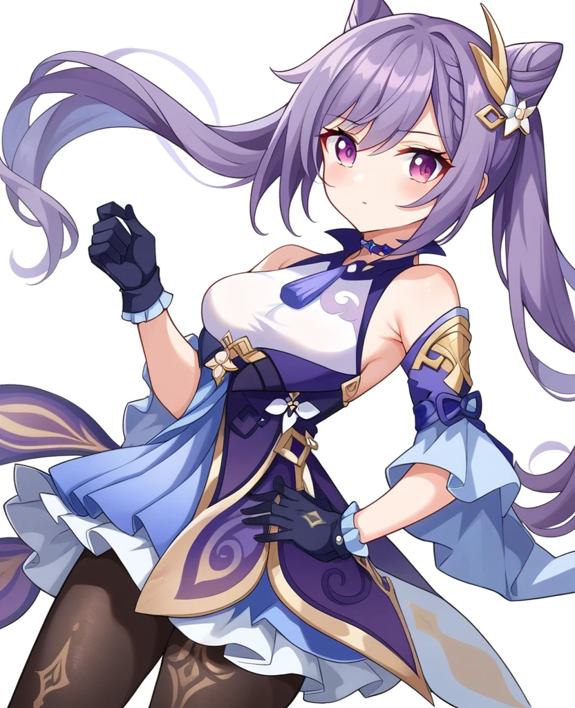 keqing (genshin impact), 1girl, solo, long hair, breasts, looking at viewer, blush, bangs, skirt, simple background, hair ornament, gloves, white background, dress, bare shoulders, twintails, purple eyes, purple hair, braid, pantyhose, frills, detached sleeves, choker, hair bun, hand on hip, black pantyhose, double bun, cone hair bun, purple gloves, neck tassel