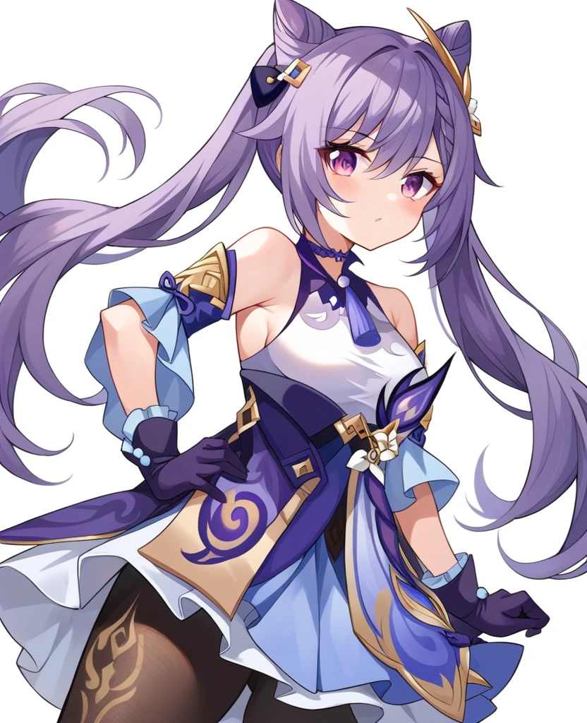 keqing (genshin impact), 1girl, solo, long hair, breasts, looking at viewer, blush, bangs, skirt, simple background, hair ornament, gloves, white background, dress, bare shoulders, twintails, purple eyes, purple hair, braid, pantyhose, frills, detached sleeves, choker, hair bun, hand on hip, black pantyhose, double bun, cone hair bun, purple gloves, neck tassel