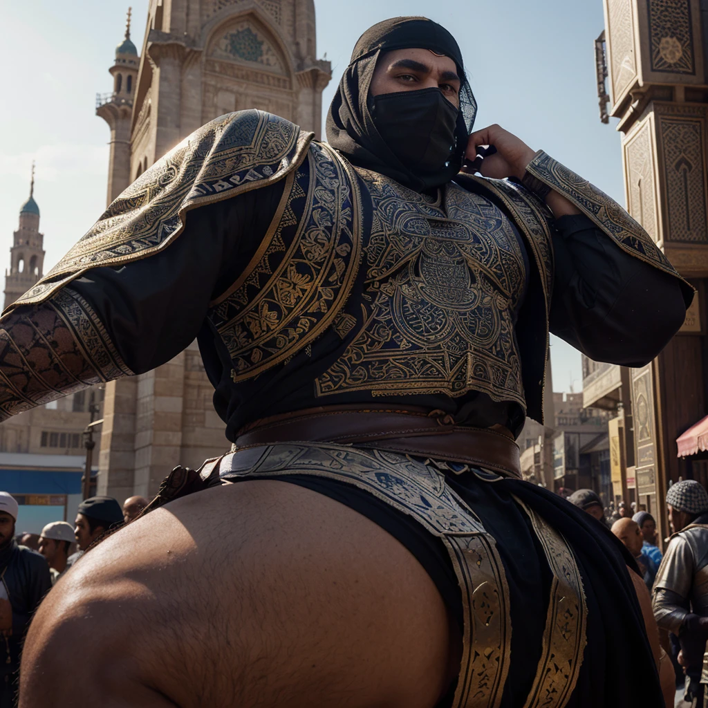 "Create a high-resolution, dynamic illustration of a muscular heroic character with a strong Islamic aesthetic, fully covered in traditional warrior attire and armor. The character has an imposing, athletic build and is clad in a combination of ornate, full-body armor and flowing garments that cover him completely, including a helmet with a face covering that leaves only his intense eyes visible. His armor features intricate Islamic geometric patterns and calligraphy, blending traditional design with a modern comic book style. The character wields a majestic scimitar or a double-edged sword with elaborate engravings, held aloft as if ready for battle. The background depicts a vibrant Middle Eastern cityscape with grand mosques, towering minarets, and bustling market streets under a vivid sunset. The scene should be action-packed, emphasizing the character’s heroism, strength, and cultural heritage, appealing to fans of comic books, fantasy art, and cultural illustrations."