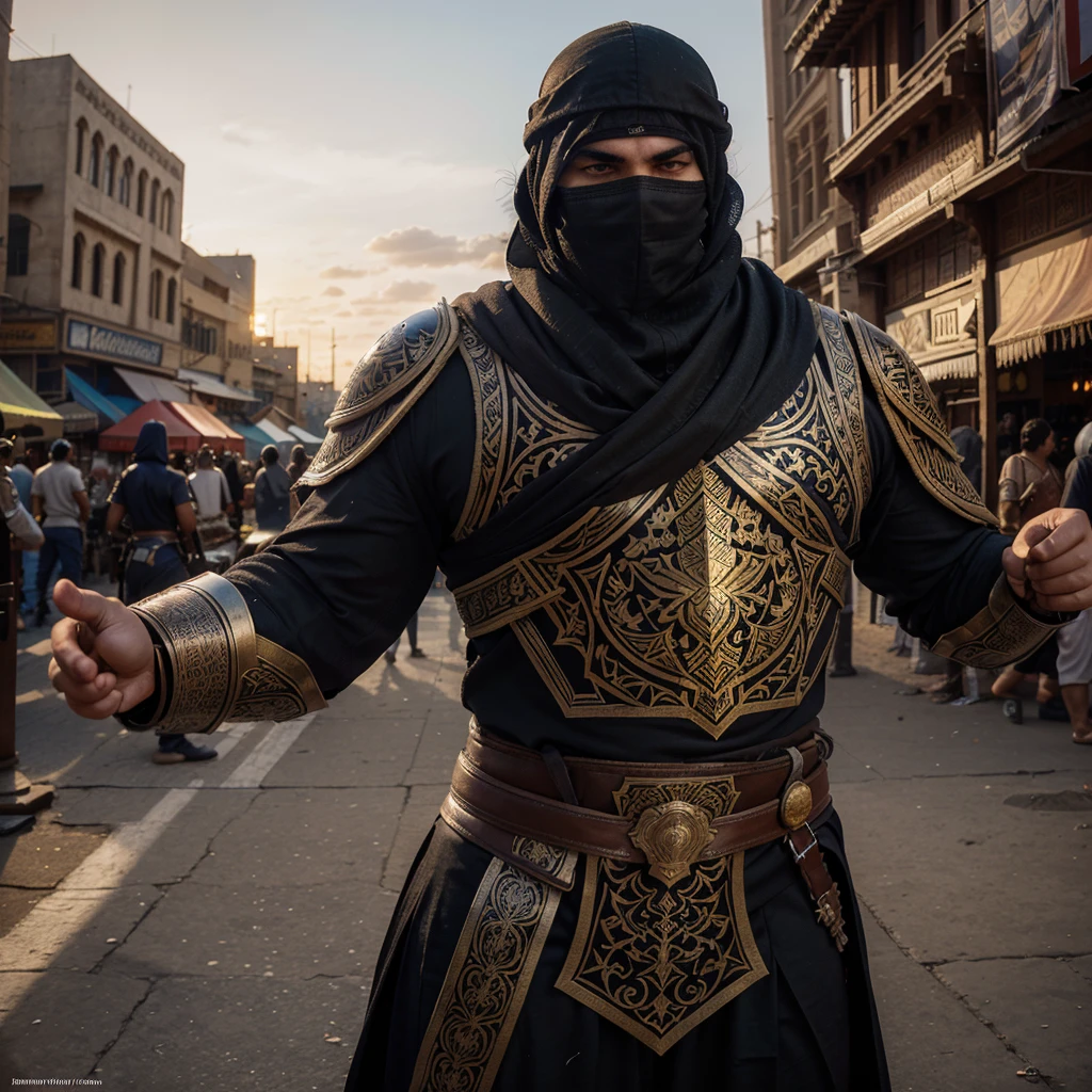 "Create a high-resolution, dynamic illustration of a muscular heroic character with a strong Islamic aesthetic, fully covered in traditional warrior attire and armor. The character has an imposing, athletic build and is clad in a combination of ornate, full-body armor and flowing garments that cover him completely, including a helmet with a face covering that leaves only his intense eyes visible. His armor features intricate Islamic geometric patterns and calligraphy, blending traditional design with a modern comic book style. The character wields a majestic scimitar or a double-edged sword with elaborate engravings, held aloft as if ready for battle. The background depicts a vibrant Middle Eastern cityscape with grand mosques, towering minarets, and bustling market streets under a vivid sunset. The scene should be action-packed, emphasizing the character’s heroism, strength, and cultural heritage, appealing to fans of comic books, fantasy art, and cultural illustrations."