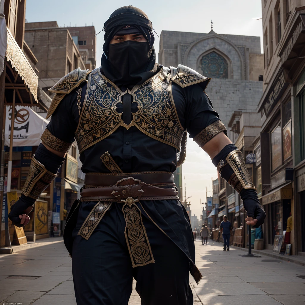 "Create a high-resolution, dynamic illustration of a muscular heroic character with a strong Islamic aesthetic, fully covered in traditional warrior attire and armor. The character has an imposing, athletic build and is clad in a combination of ornate, full-body armor and flowing garments that cover him completely, including a helmet with a face covering that leaves only his intense eyes visible. His armor features intricate Islamic geometric patterns and calligraphy, blending traditional design with a modern comic book style. The character wields a majestic scimitar or a double-edged sword with elaborate engravings, held aloft as if ready for battle. The background depicts a vibrant Middle Eastern cityscape with grand mosques, towering minarets, and bustling market streets under a vivid sunset. The scene should be action-packed, emphasizing the character’s heroism, strength, and cultural heritage, appealing to fans of comic books, fantasy art, and cultural illustrations."