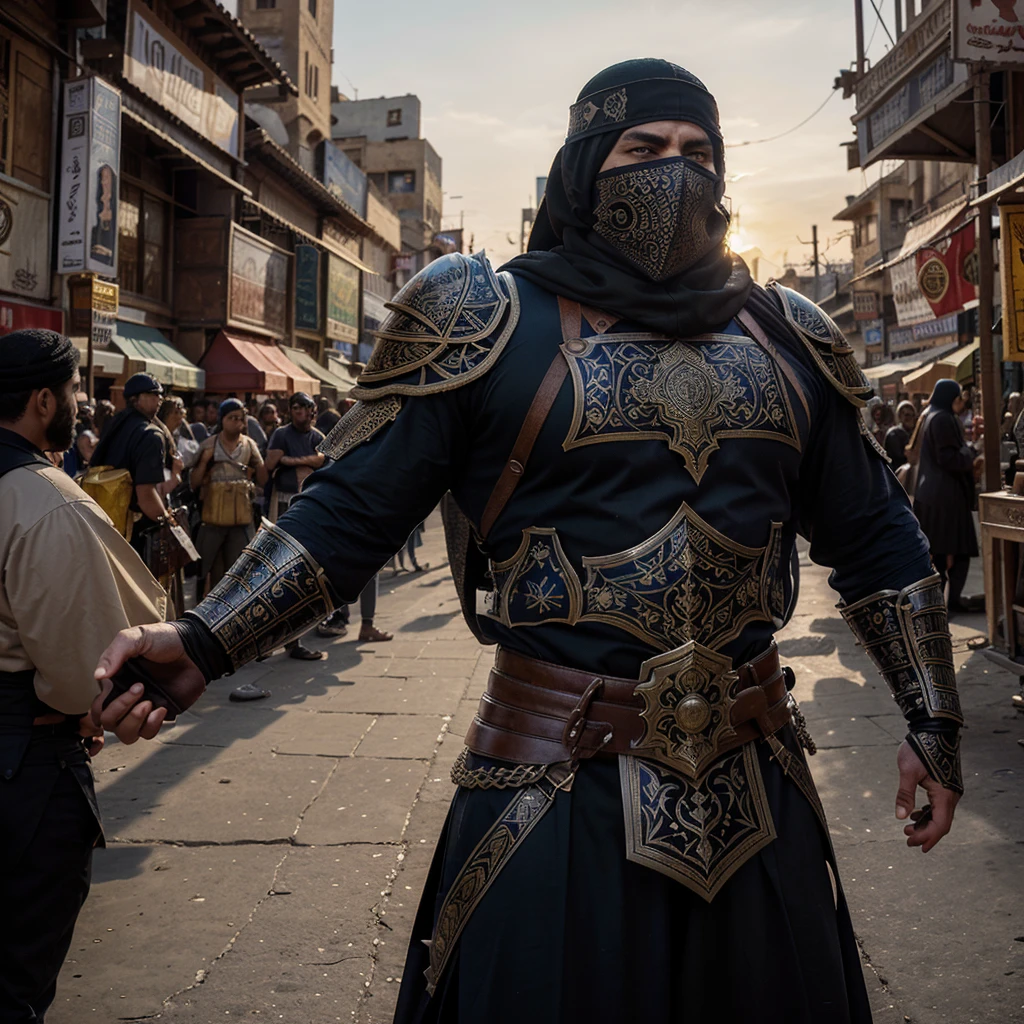 "Create a high-resolution, dynamic illustration of a muscular heroic character with a strong Islamic aesthetic, fully covered in traditional warrior attire and armor. The character has an imposing, athletic build and is clad in a combination of ornate, full-body armor and flowing garments that cover him completely, including a helmet with a face covering that leaves only his intense eyes visible. His armor features intricate Islamic geometric patterns and calligraphy, blending traditional design with a modern comic book style. The character wields a majestic scimitar or a double-edged sword with elaborate engravings, held aloft as if ready for battle. The background depicts a vibrant Middle Eastern cityscape with grand mosques, towering minarets, and bustling market streets under a vivid sunset. The scene should be action-packed, emphasizing the character’s heroism, strength, and cultural heritage, appealing to fans of comic books, fantasy art, and cultural illustrations."