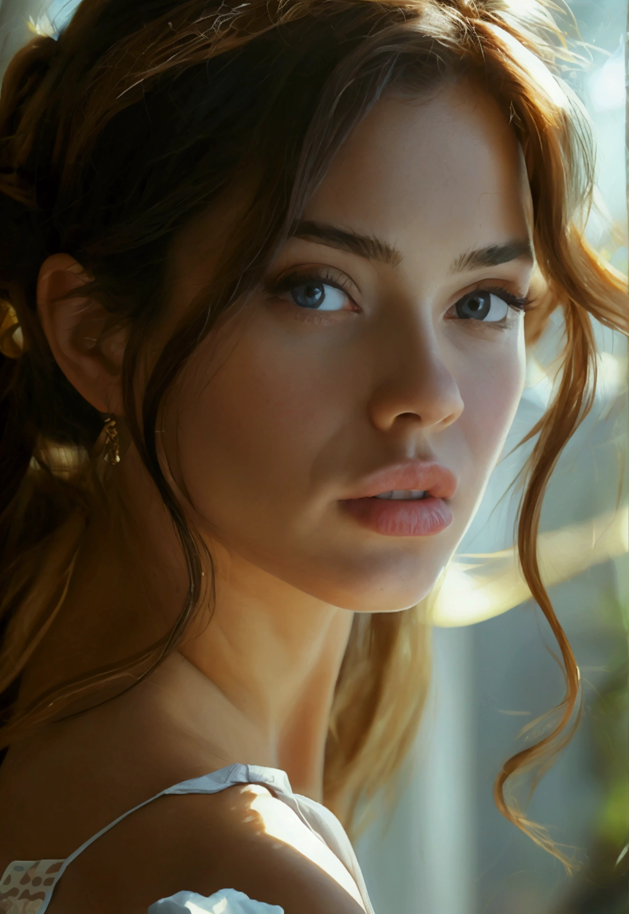 women, hyispanique, in sportswear, big breasts, slanting eyes