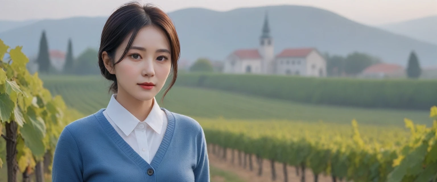 8k best picture quality, Beautiful 36-year-old Korean woman, Chest size 34 inches, The cathedral can be seen through the early morning fog past the vineyards in the Croatian countryside., The back background is realistic and vivid image quality, short and medium hair, Wearing casual outdoor clothes and pants,Perfect and realistic photos, The background is realistic. Full body shot with Canon camera 16-35 wide angle lens, expressionless, There was a thick fog.