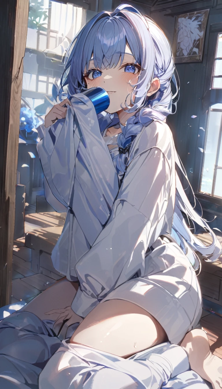 Ayaka, Long Blue Hair, Beautiful Face,smile,Close up to the hips, Mid-chest, Sit on the bed, Beautiful white pajamas, (Open your mouth:0.4),figure,Detailed Texture(Realist),Super detailed,Portrait Style,Vibrant colors,Soft lighting, Blushing, , No bra, Hair fluttering, Soft Breast