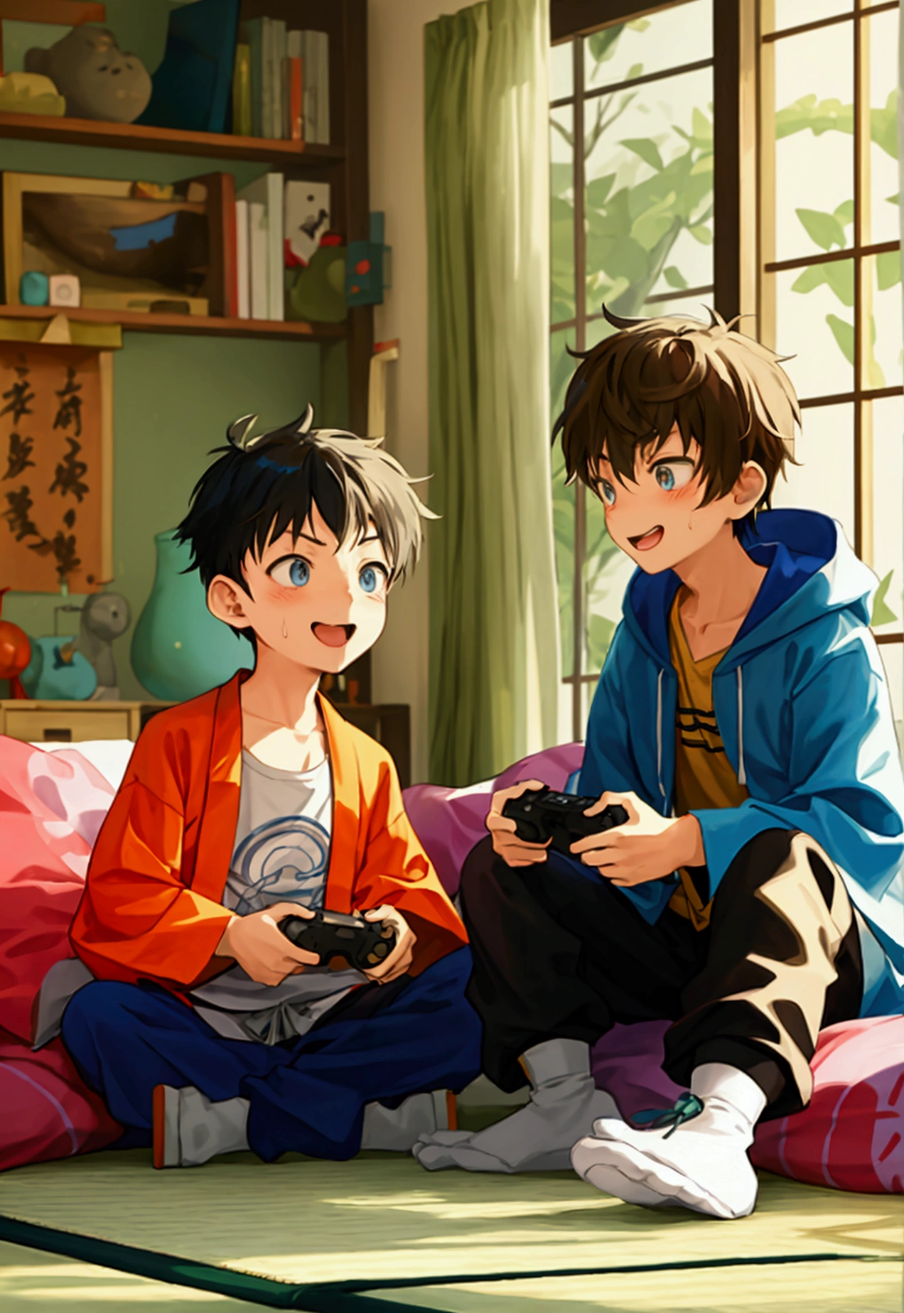 “Create a colorful illustration of two Japanese boys in a cozy living room setting. The 9-year-old younger brother is animated and mischievous, excitedly playing a video game. The 12-year-old older brother is sitting next to him, holding a game controller, looking slightly exasperated but still engaged in the game. The younger brother has a playful expression, and the older brother has a mix of amusement and mild frustration on his face. The room should have typical elements of a Japanese household, such as tatami mats or sliding doors.”